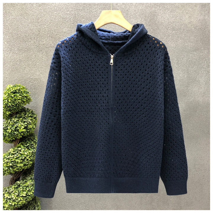 Unisex Leichte Lochstrick-Kapuzenzipjacke mit Ajourmuster Drune