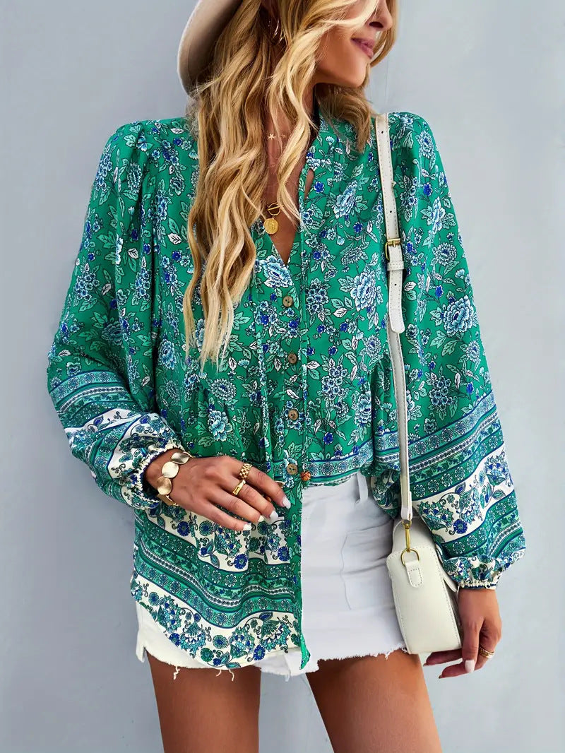 Damen Blusentop mit buntem Blumenmuster und Volantärmeln Drune