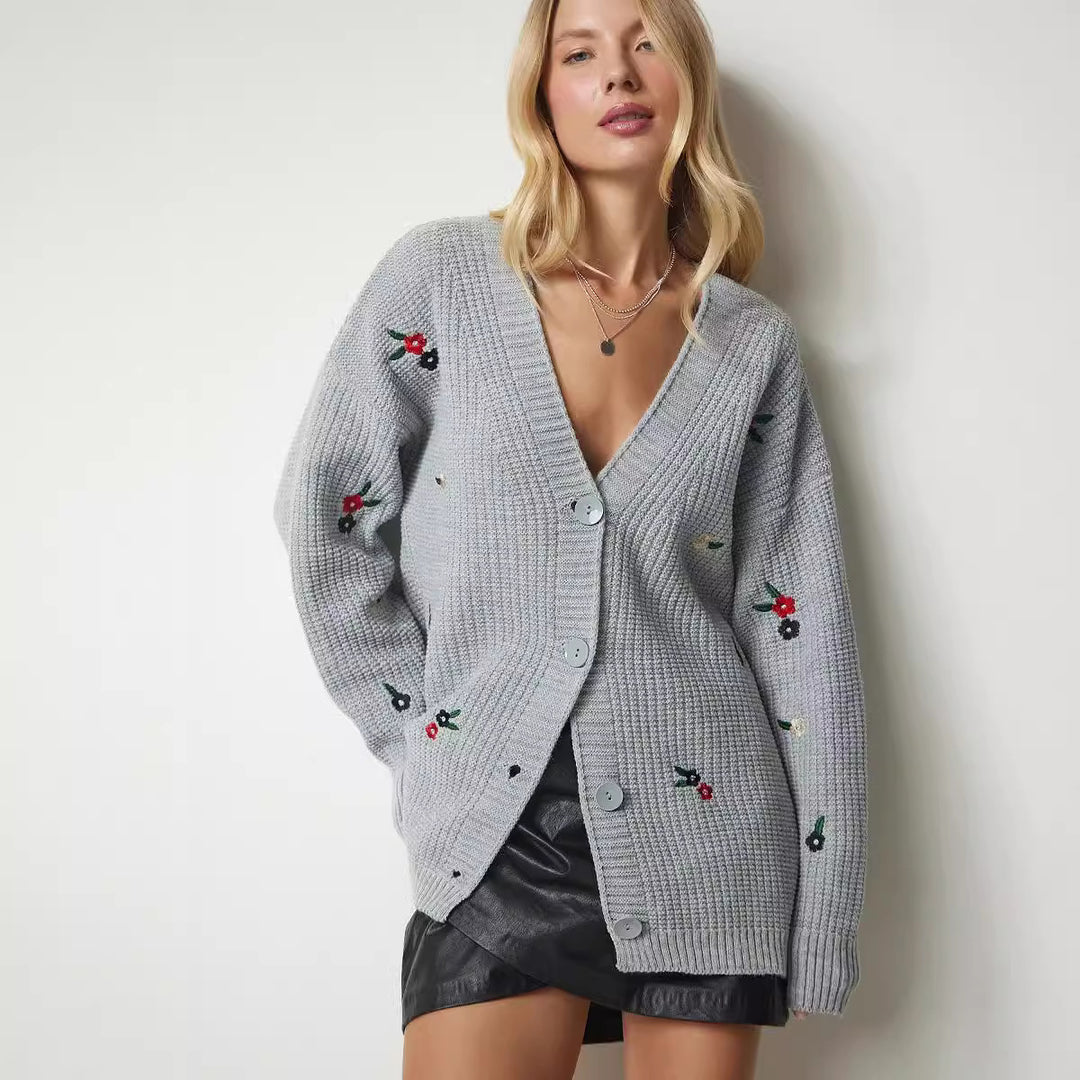 Damen Strickcardigan mit floralen Stickereien Drune