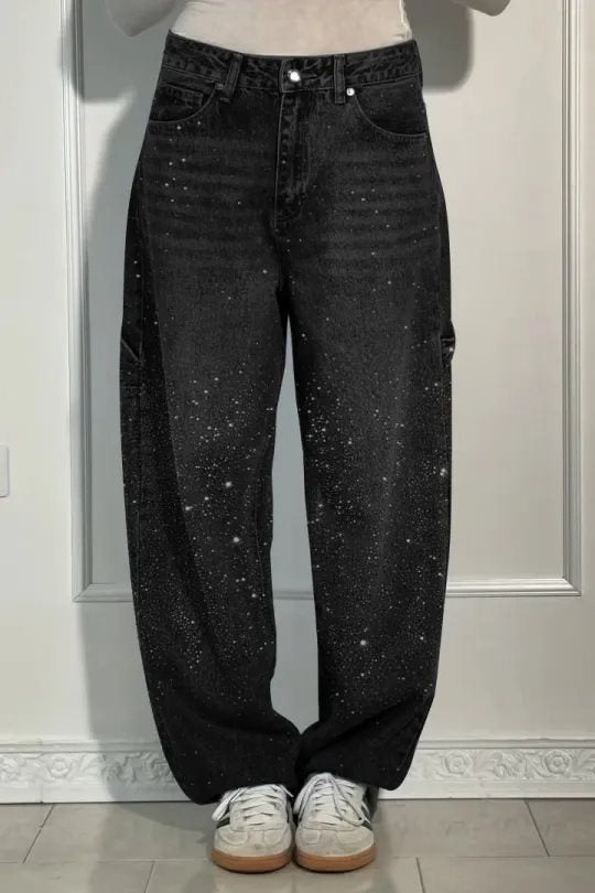 Damen High-Waist Jeans im weiten Cargo-Schnitt mit funkelndem Strassbesatz Drune