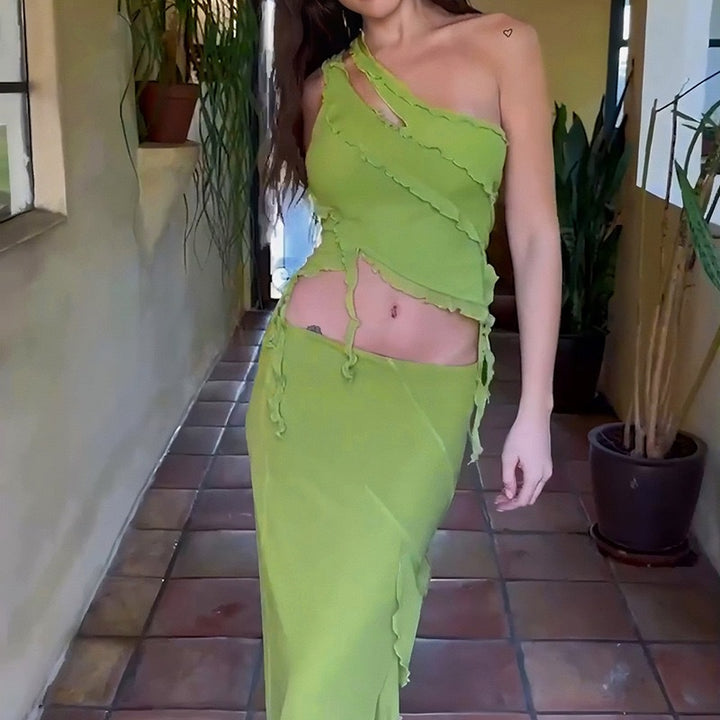 Damen hochgeschlossenes Maxikleid mit asymmetrischem Rüschendesign und eleganter Drapierung Drune