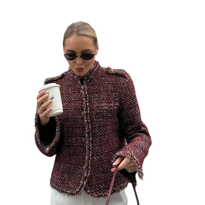 Damen Kurze Bouclé-Tweed-Jacke mit Fransenbesatz und Zierknöpfen Drune