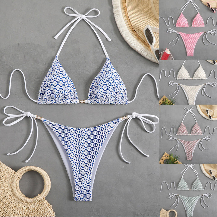 Damen Triangel-Bikini mit filigranem Blumendesign und charmanten Schleifen Drune