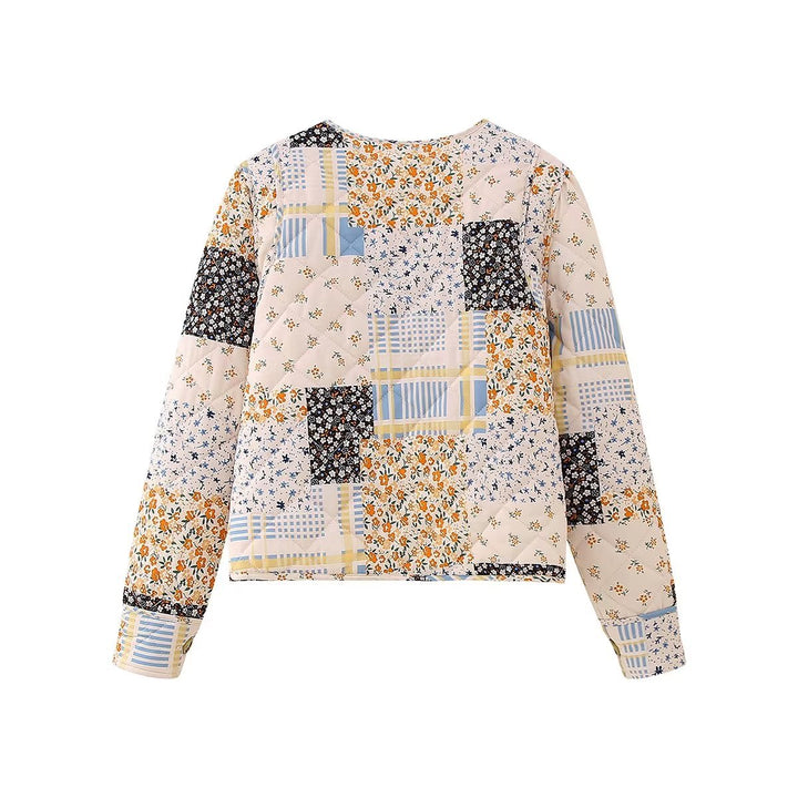 Damen nan gesteppte Kurzjacke im Patchwork-Quiltstil mit Rundhalsausschnitt und aufgesetzten Taschen Drune
