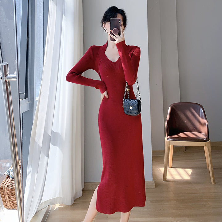 Damen Strickkleid mit V-Ausschnitt und seitlichen Schlitzen Drune