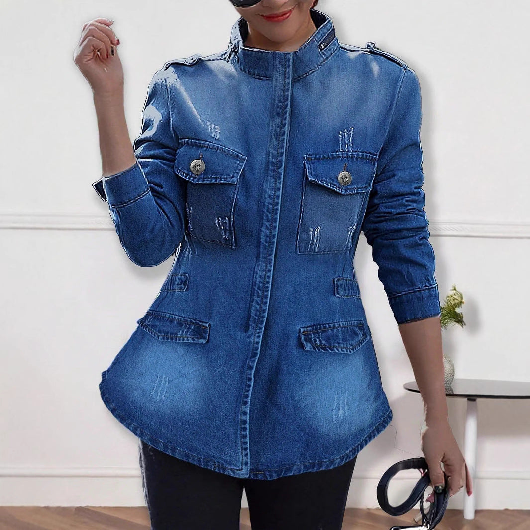 Damen taillierte Denim-Jacke im Military-Style mit Stehkragen und Pattentaschen Drune
