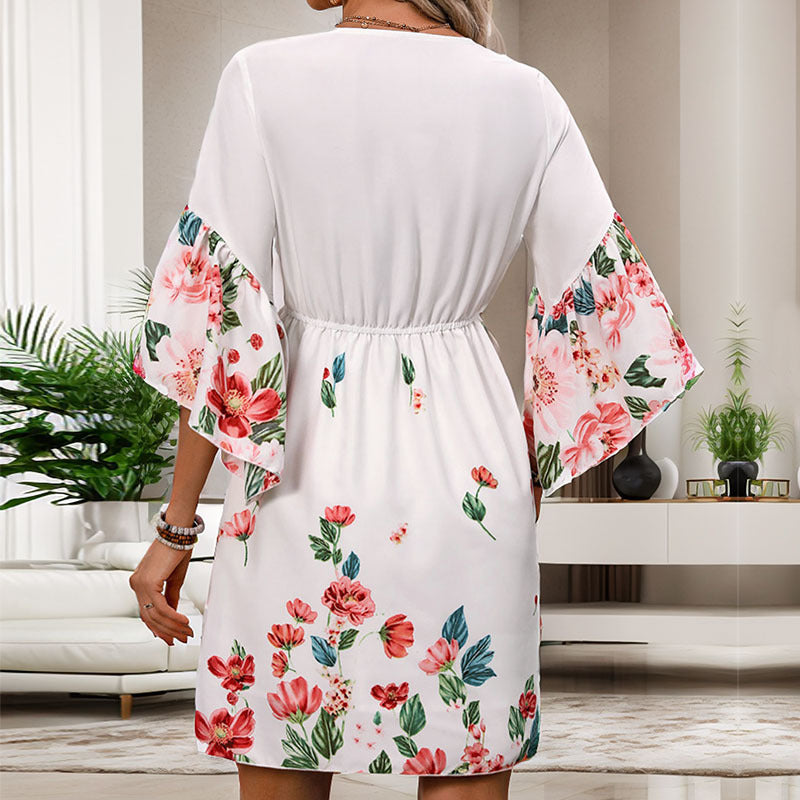 Damen Midikleid mit V-Ausschnitt, Empire-Taille und ausgestellten Flügelärmeln Drune
