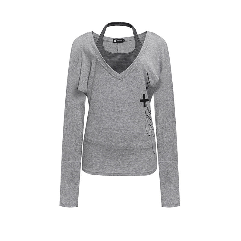 Damen Lagen-Langarmshirt mit tiefem V-Ausschnitt, Neckholder-Innenlayer und seitlichem Script-Print Drune
