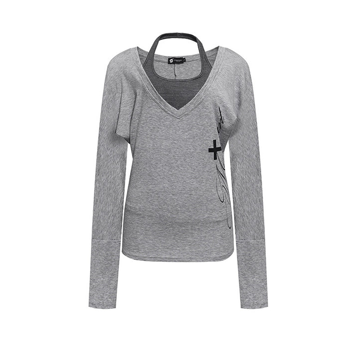 Damen Lagen-Langarmshirt mit tiefem V-Ausschnitt, Neckholder-Innenlayer und seitlichem Script-Print Drune