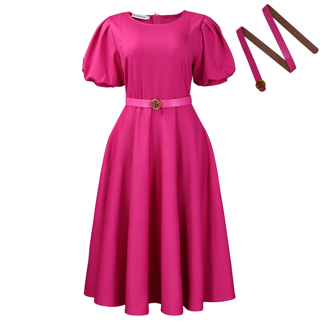 Damen Midi-Kleid mit Puffärmeln und tailliertem Gürtel Drune