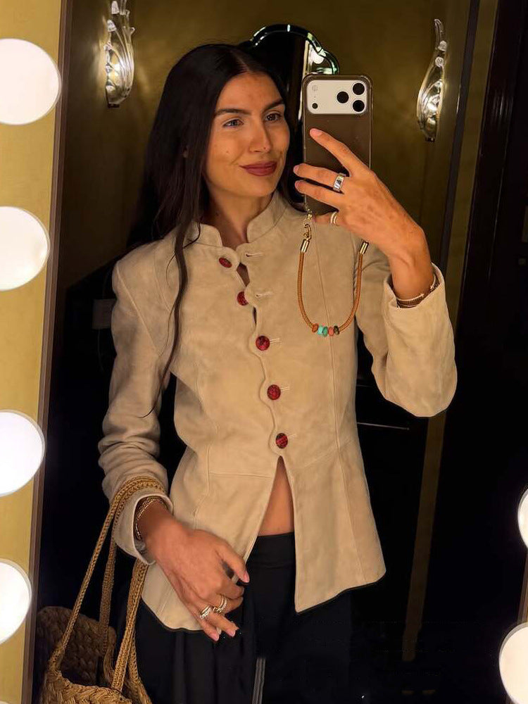 Damen Taillierter Wildleder-Blazer mit Stehkragen und Zierknöpfen Drune