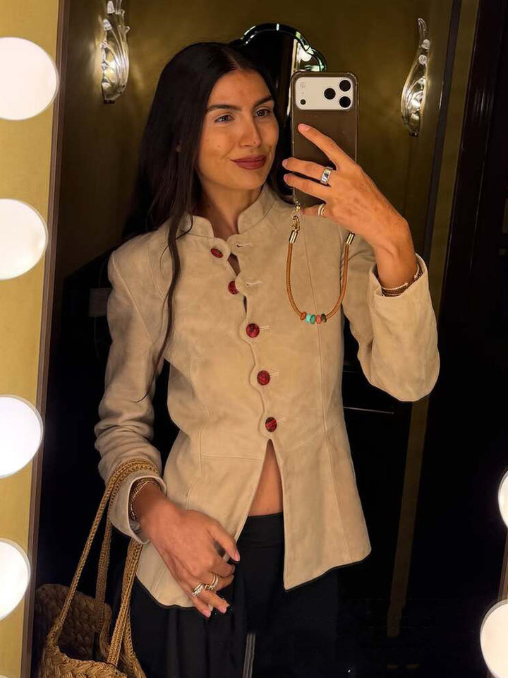 Damen Taillierter Wildleder-Blazer mit Stehkragen und Zierknöpfen Drune