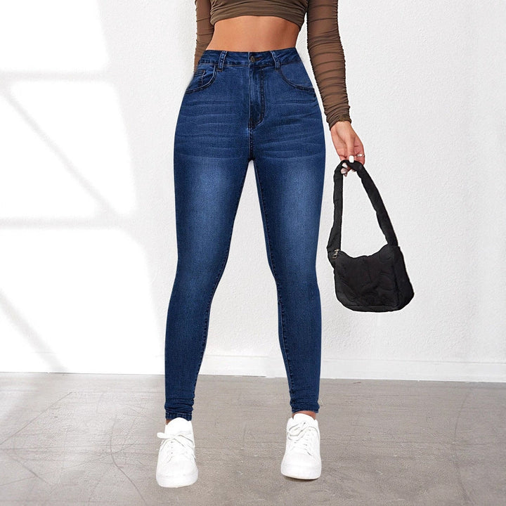 Damen High-Waist Skinny Jeans mit angedeuteten Taschen und elastischem Bund Drune