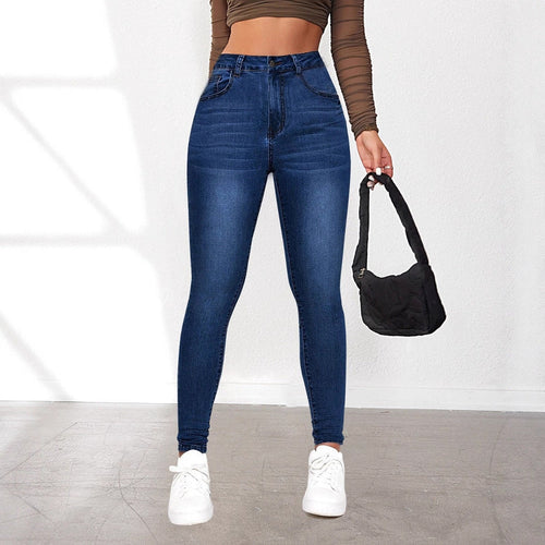 Damen High-Waist Skinny Jeans mit angedeuteten Taschen und elastischem Bund Drune