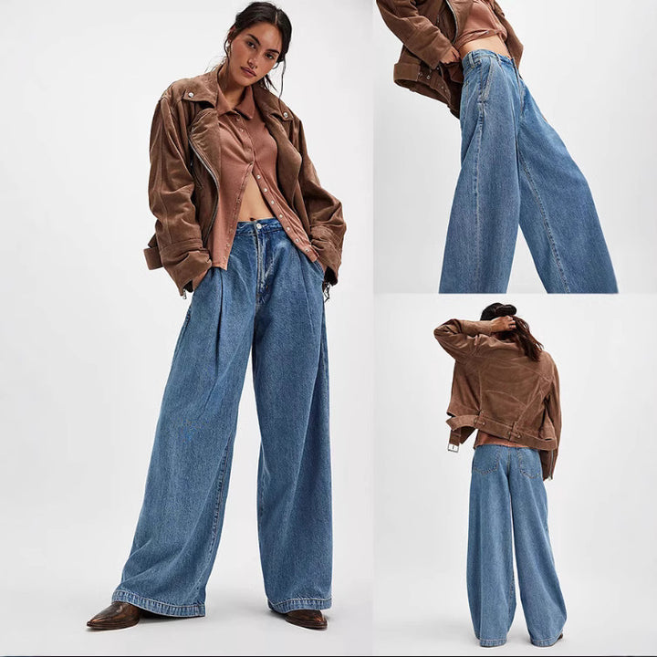 Damen nan hochgeschnittene Denim-Palazzohose mit markanten Bundfalten und extra weitem Bein Drune