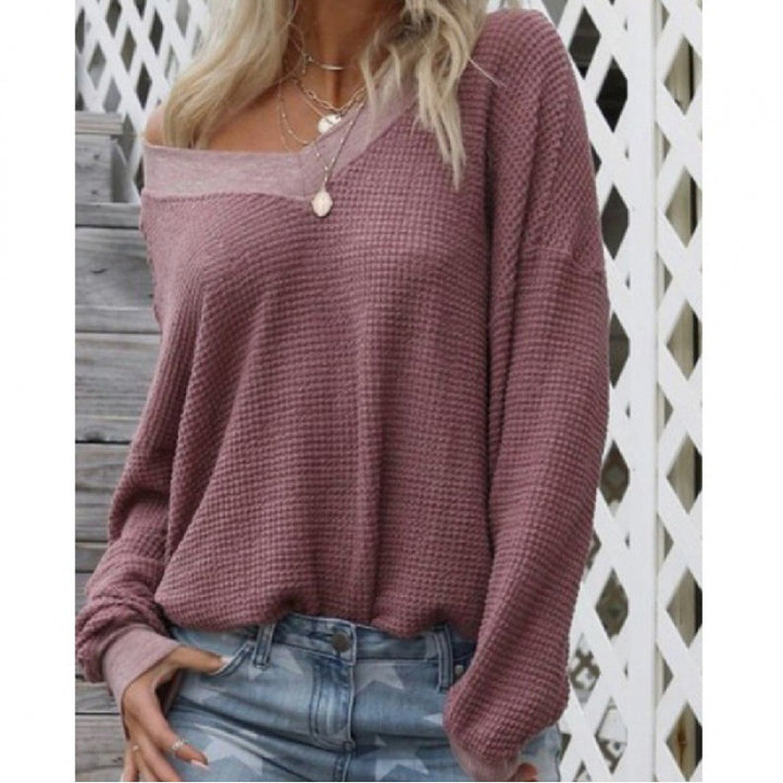 Damen Off‑Shoulder Waffelstrickpullover mit weitem Arm und elastischen Bündchen Drune