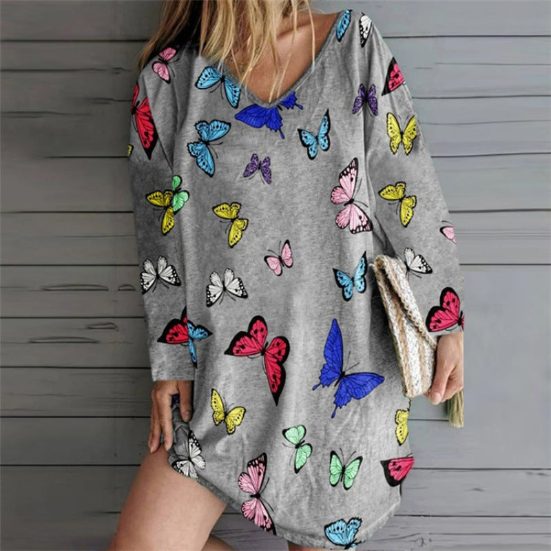 Damen Oversize Tunika-Kleid mit V-Ausschnitt und Schmetterlingsprint Drune