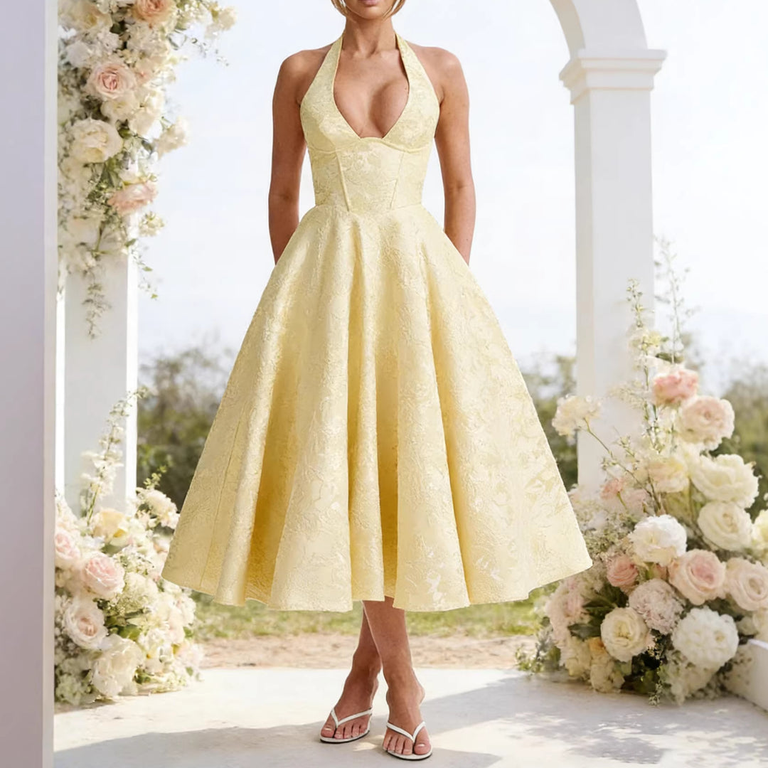 Damen Elegantes Halterneck-Midi-Kleid mit detaillierter Spitzenverarbeitung Drune