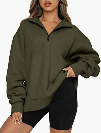 Damen nan oversized Sweatshirt mit halbem Reißverschluss, weichem Fleece-Innenfutter und Kängurutasche Drune