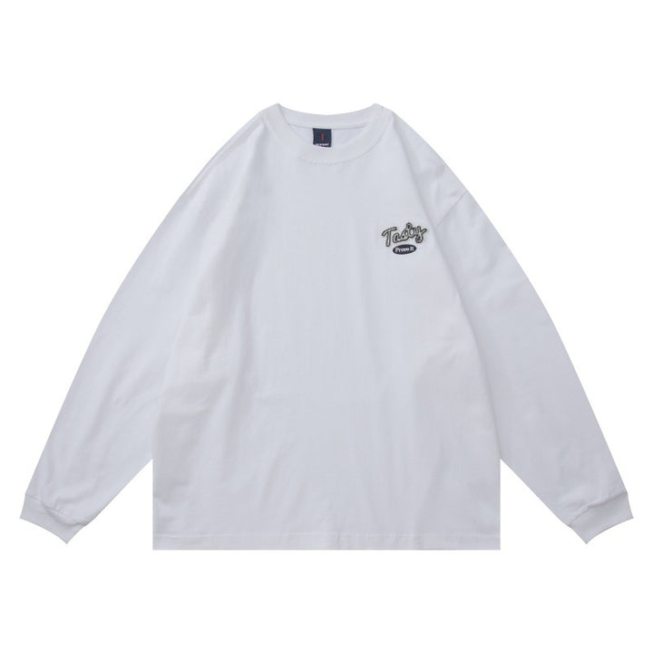 Unisex Oversize-Langarmshirt aus Baumwollmischung mit Bruststickerei und geripptem Rundhals Drune