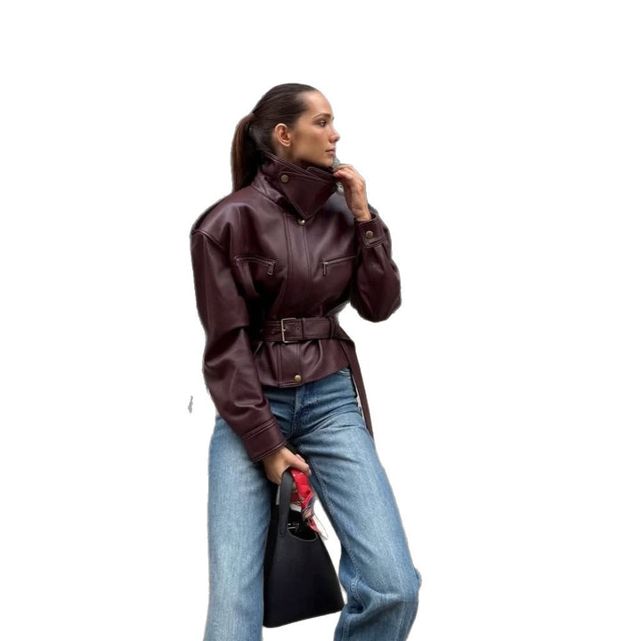 Damen taillierte Lederimitat-Bomberjacke mit hohem Stehkragen und Bindegürtel Drune