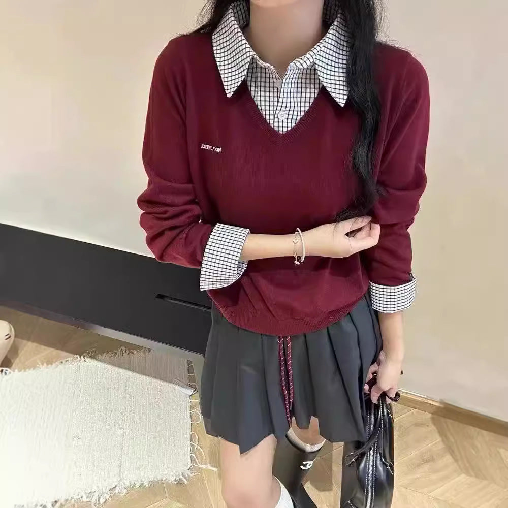 Damen lässiger V-Pullover mit Hemdkragen und ausgefallenem Design Drune