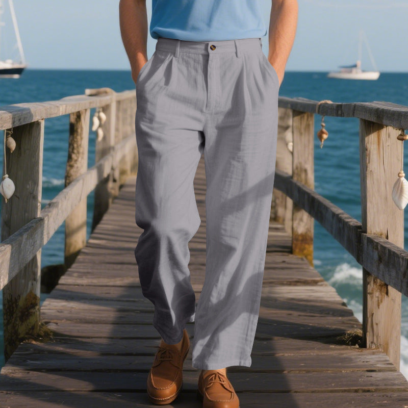 Herren nan weite Leinenhose mit Bundfalten, hohem Bund und Seitentaschen Drune
