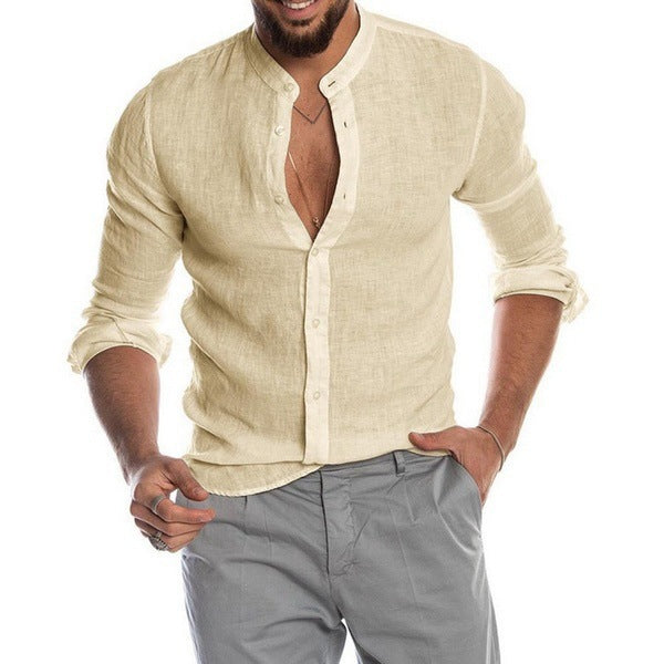 Herren nan Leinenhemd mit Stehkragen, durchgehender Knopfleiste und legerer Slim-Fit-Passform Drune