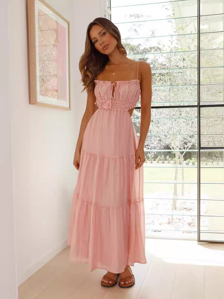 Damen Maxi-Hängemattenkleid mit Raffung und Spitzenakzenten Drune