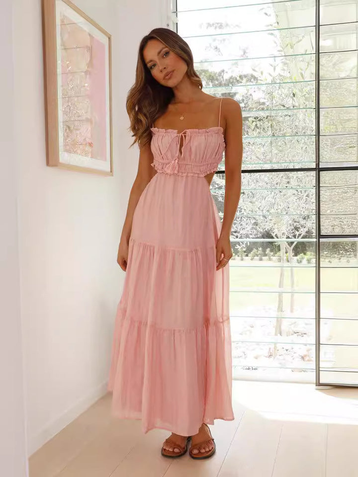 Damen Maxi-Hängemattenkleid mit Raffung und Spitzenakzenten Drune