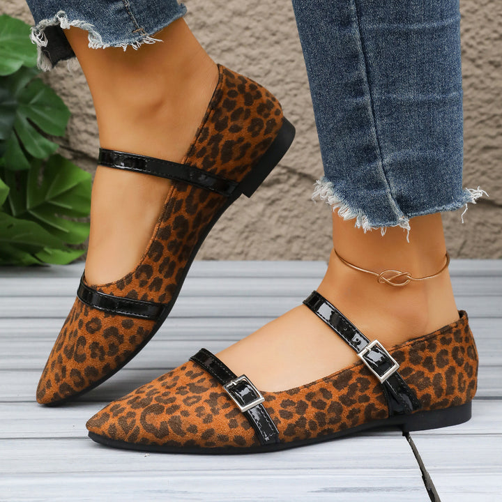 Damen nan spitze Slipper im Leopardenmuster mit doppelten Lackriemen und verstellbaren Metallschnallen Drune
