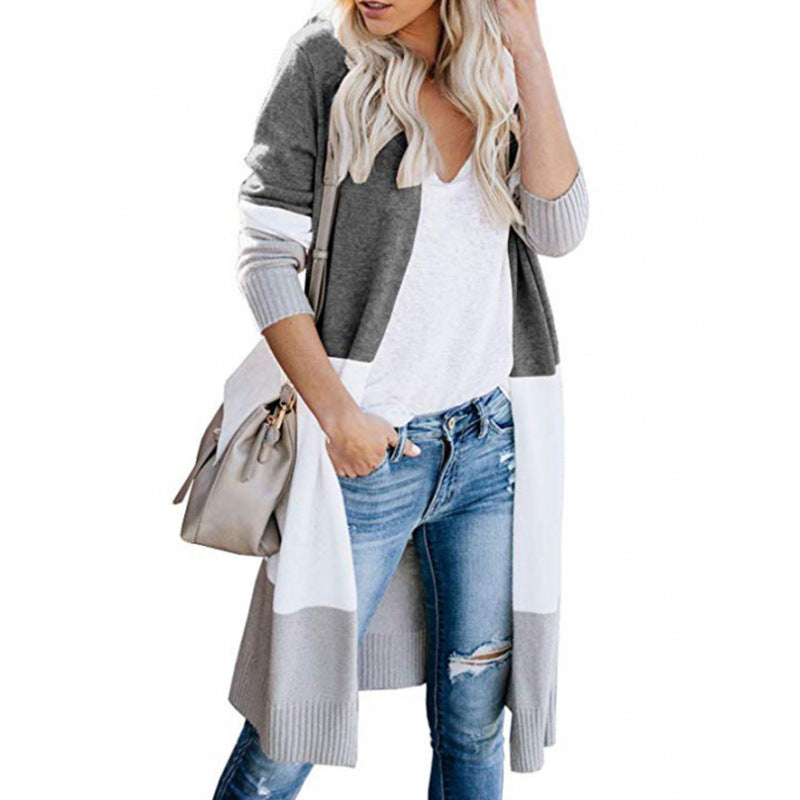 Damen lässiger Strickcardigan mit modernen Farbblockdetails und langen Ärmeln Drune