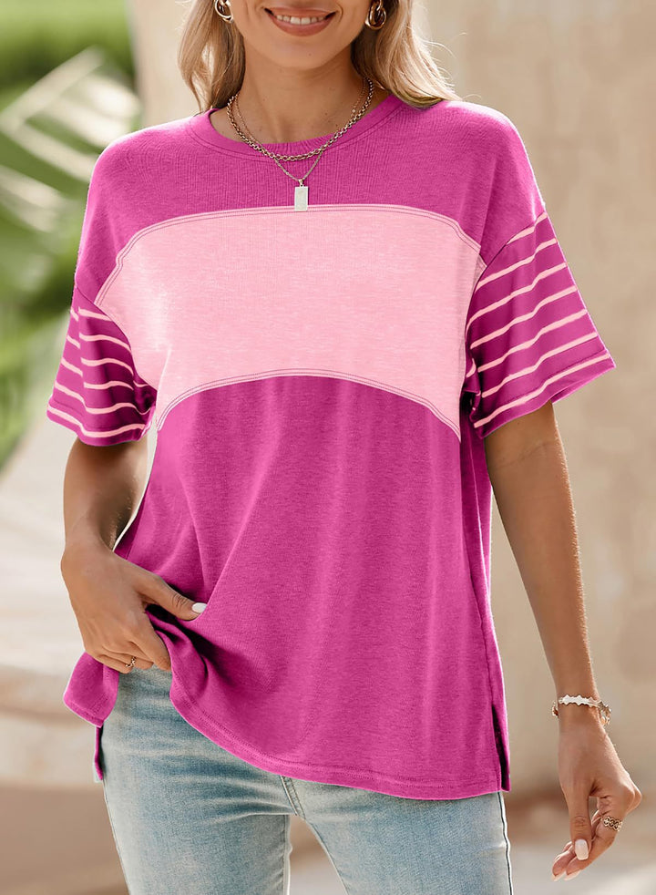 Damen Oversize-Shirt mit Kontrastpaneel, gestreiften Ärmeln und Seitenschlitzen Drune