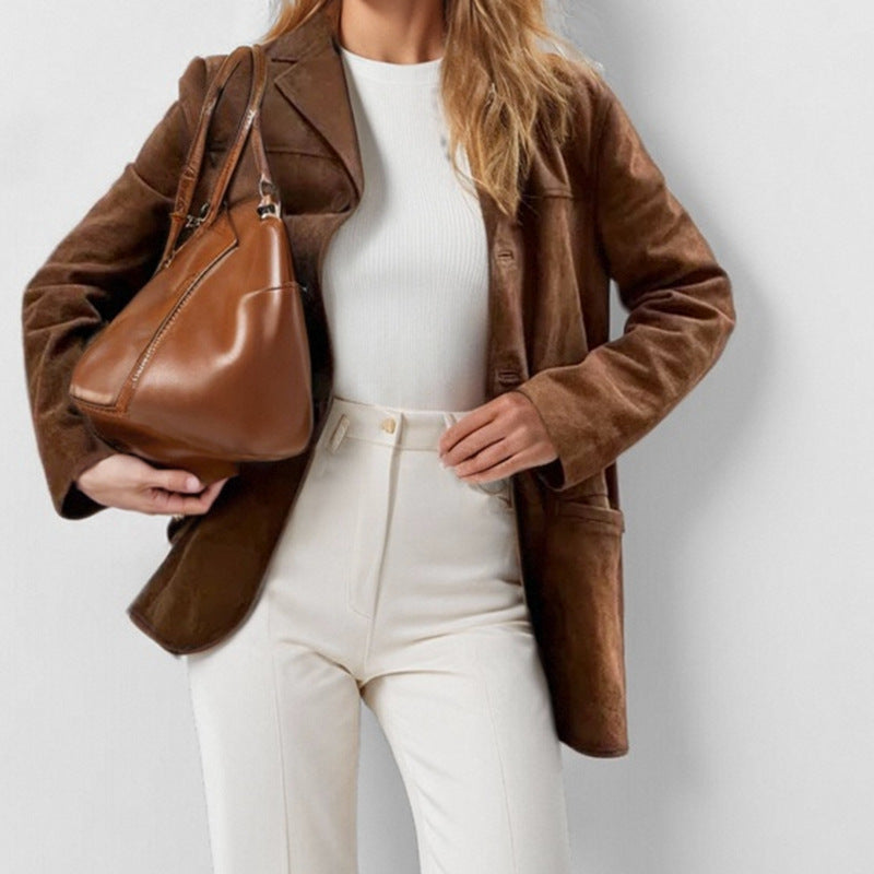 Damen Eleganter Blazer aus weichem Wildlederimitat mit schmalem Schnitt Drune