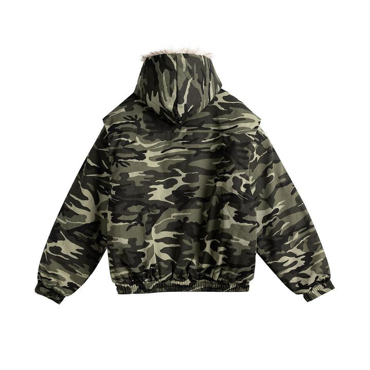 Damen Kurz geschnittene Camouflage-Übergangsjacke mit Kunstfellkapuze und elastischem Saum Drune