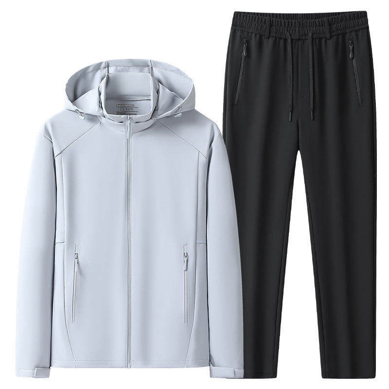 Herren Wetterfester Softshell-Trainingsanzug mit Kapuzen‑Zipjacke, Reißverschluss‑Taschen & konischer Jogginghose Drune