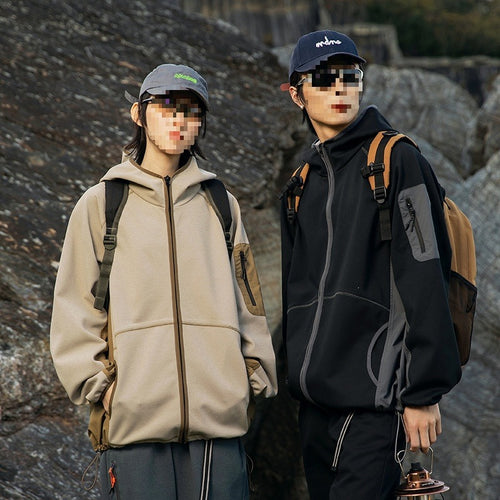 Herren Oversize Outdoor-Fleecejacke mit Kapuze, Ärmel-Reißverschlusstasche & Tunnelzug Drune