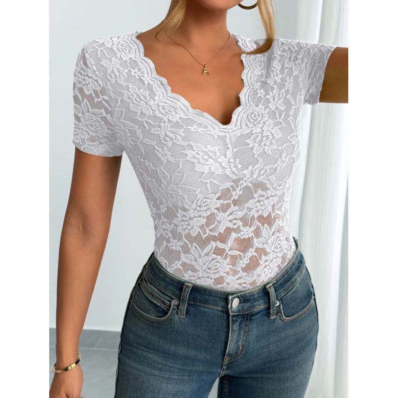 Damen Spitzen-Bodysuit mit dekorativem V-Ausschnitt Drune