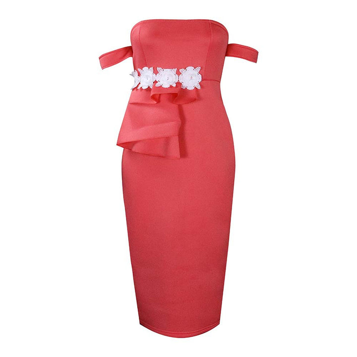 Damen Midi-Kleid mit asymmetrischen Trägern und floralen Details Drune