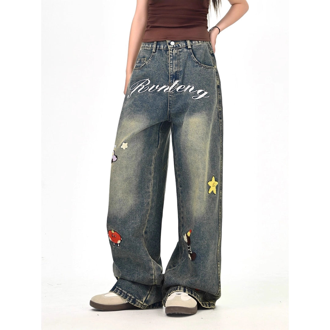 Damen Weitgeschnittene Kostümjeans mit buntem Stickdesign Drune