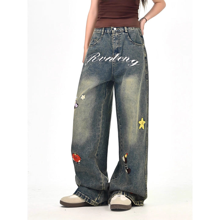 Damen Weitgeschnittene Kostümjeans mit buntem Stickdesign Drune