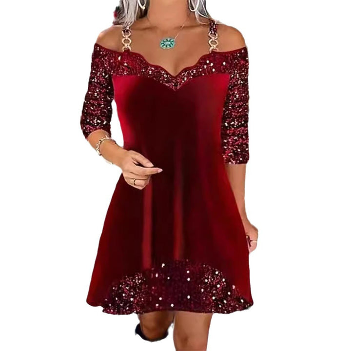 Damen nan schulterfreies Pailletten-Swingkleid mit zierlichen Ketten‑Trägern, halblangen Ärmeln und Volantbesatz Drune
