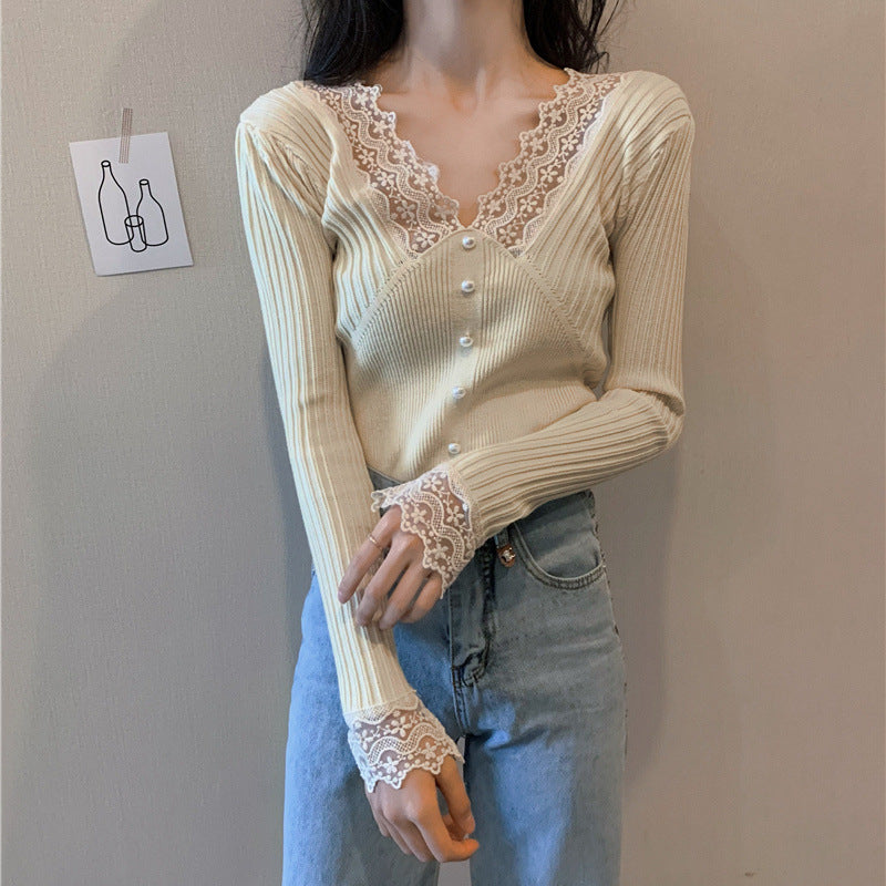 Damen Langärmliger Pullover mit Spitzendetails Drune