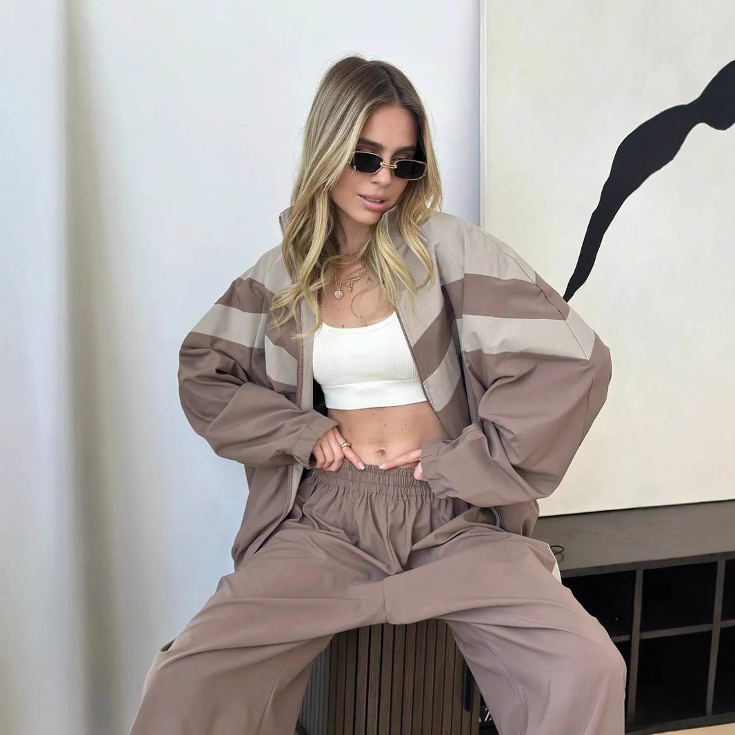 Damen Oversized Windbreaker-Set mit Reißverschlussjacke und elastischer Bundhose Drune