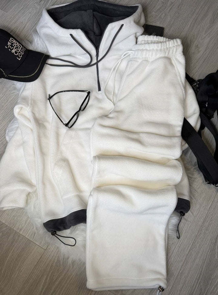 Damen Fleece-Loungewear-Set mit halbem Frontzip, gefütterter Kapuze und hochgeschnittener Komforthose Drune