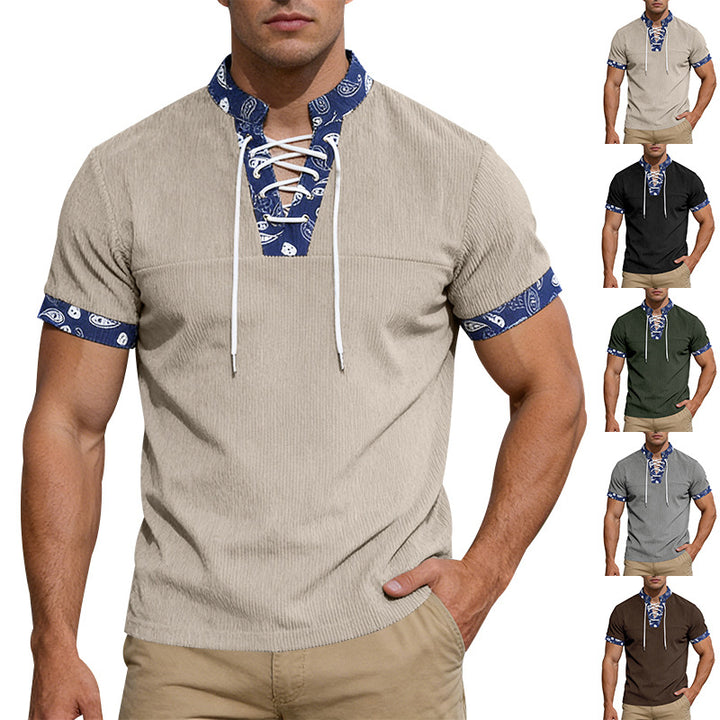 Herren nan Kurzarm-Schnürshirt mit Bandana-Besatz und strukturierter Jerseyqualität Drune