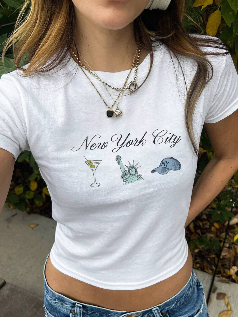 Damen figurbetontes Kurzarm-T-Shirt mit verspieltem Aufdruck Drune