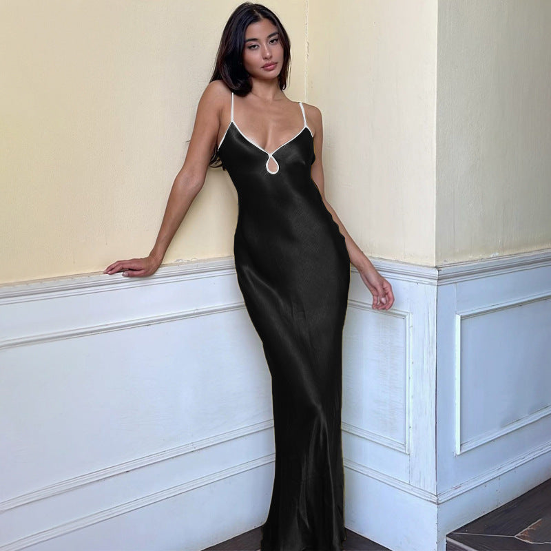 Damen Elegantes Satin-Maxikleid mit verstellbaren Spaghettiträgern und tiefem V-Ausschnitt Drune