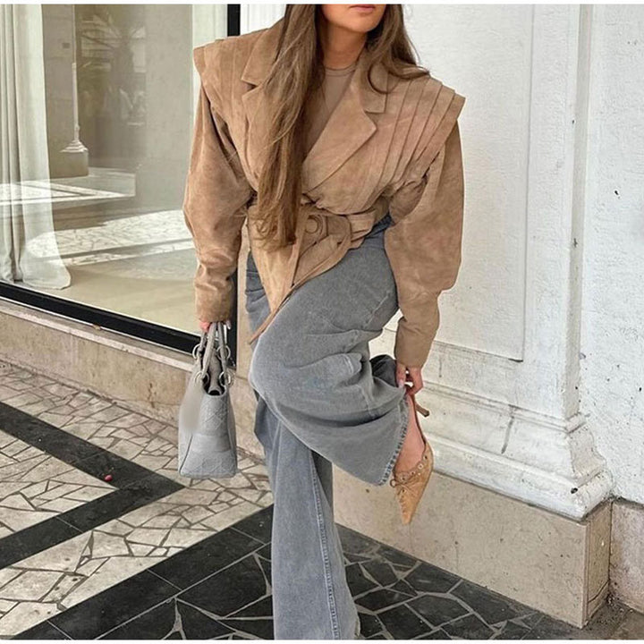 Damen Modischer Blazer mit geglätteten Schulterdetails und Bindegürtel Drune
