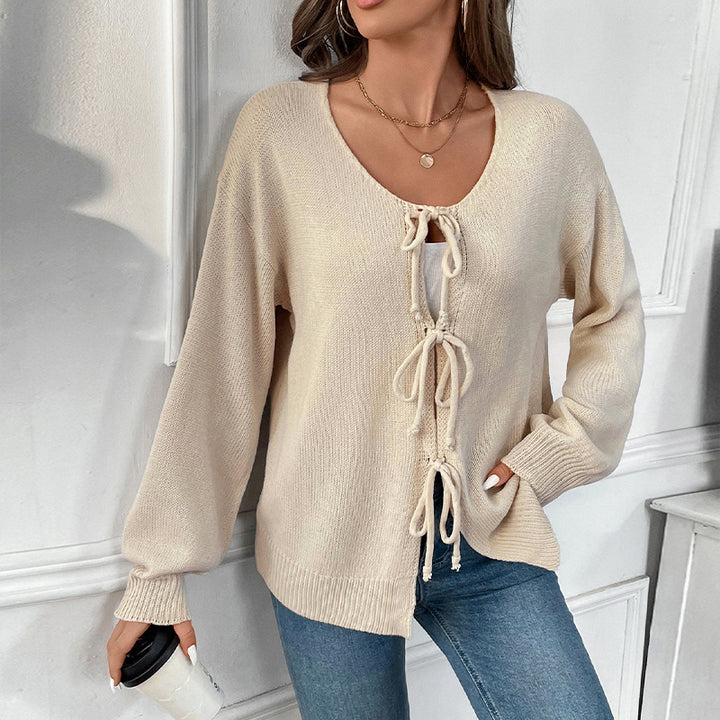Damen Lässiger Strickpullover mit dreifacher Schnürfront, Rundhalsausschnitt und Oversize-Silhouette Drune